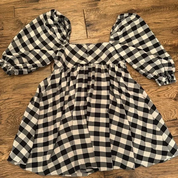 Storia Gingham Babydoll Dress Plaid Mini Black & White Square Neck size L - Picture 3 of 4